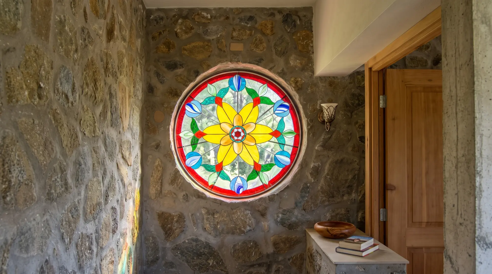 Rosetón de vitral multicolor en una pared de piedra, visto desde el interior.